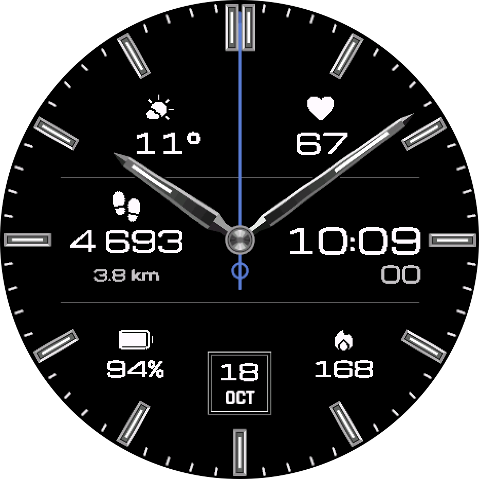 Losena with a blue second hand, temperature, heart rate, steps, battery and calories